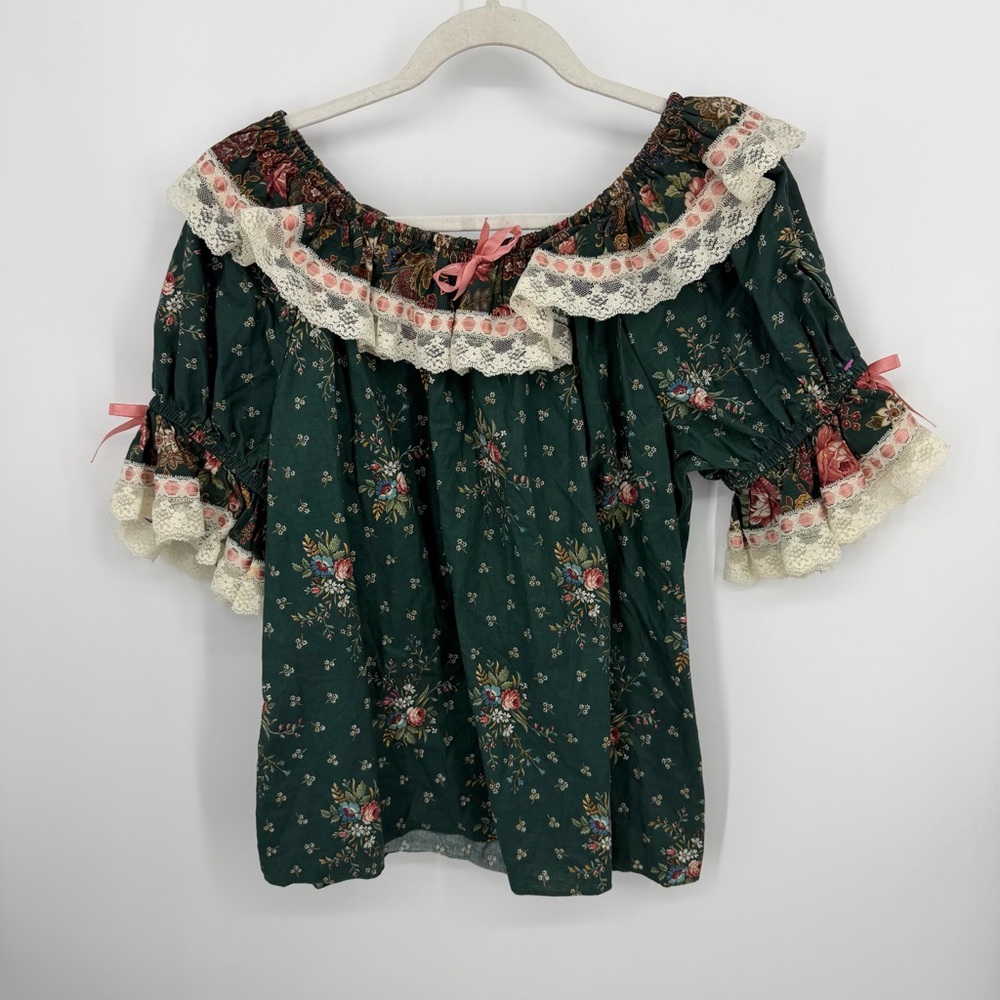 VTG 80s Square Up Fashions Classic Lace greenβ floral Square Dance Blouse sz L